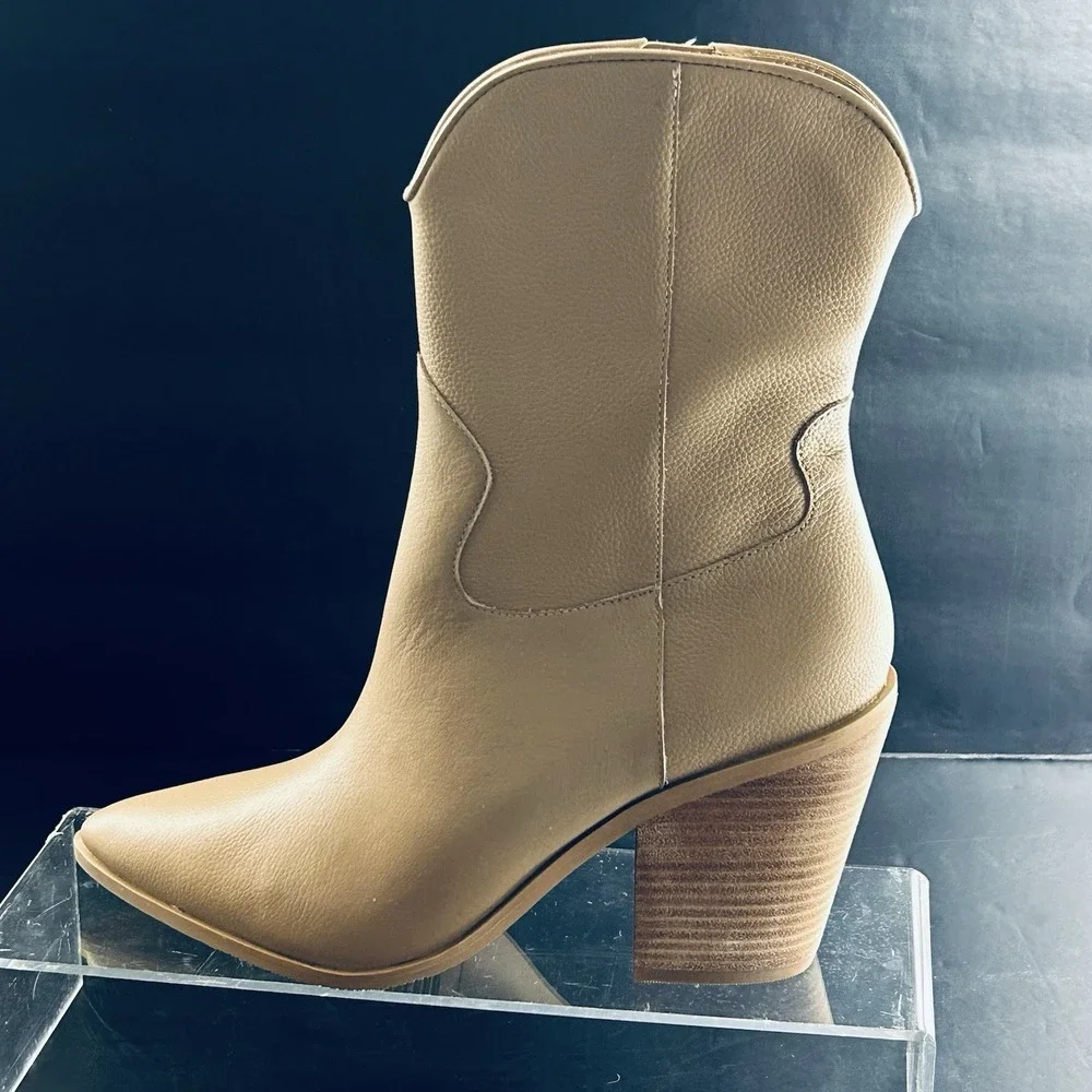 Lisa Vicky Womens Tan Leather Western Ankle Boots Pointed Toe‎ Block Heel Zip